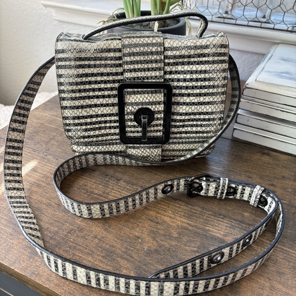 Rebecca Minkoff Leather Snakeskin Stripe Buckle Front Accent 2way Crossbody Bag
